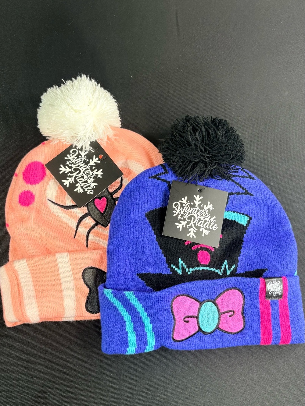 WinterSilks Kids Pom Beanie Hats - Blue & Peach with Black and White Poms